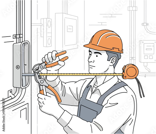 A worker in an industrial setting measures with a tape and pliers.