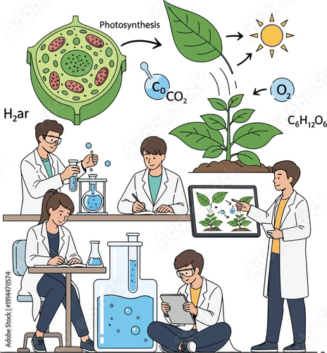 Scientists in a lab studying plant photosynthesis with illustrations and equipment.