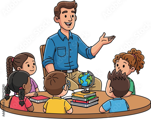 A smiling teacher explains to students sitting around a table with a globe and books.