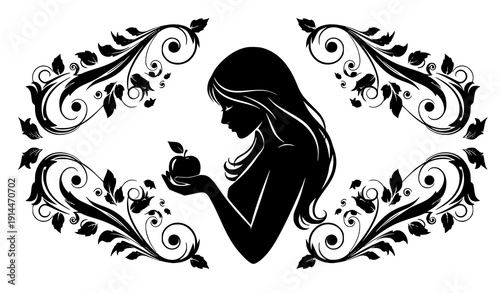 Vintage Storybook Woman with Apple Silhouette Ornamental Frame