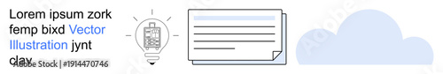 Innovation, creativity, digital storage, technology solutions, idea generation, information sharing. A light bulb, document and cloud illustration. Innovation and digital storage concept