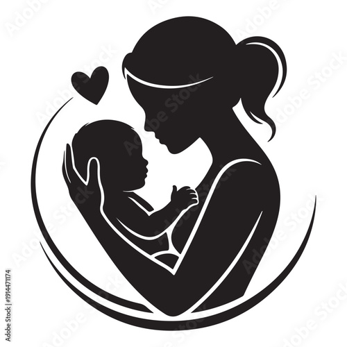 Mother holding baby in heart shape silhouette vector illustration maternal love parenting icon isolated