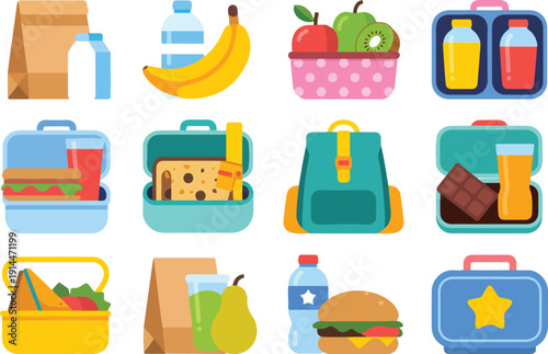 Kids Lunch Box and Snack Vector Set Sandwiches, Fruits, Drinks and School Food Containers Illustration