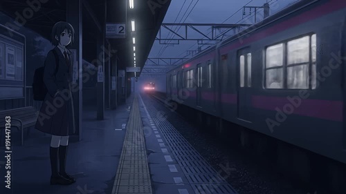 Anime-style schoolgirl waits at a dark train platform as a train approaches