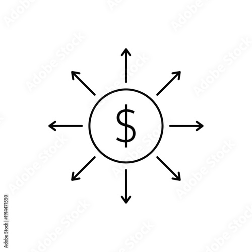 Dollar symbol in circle with outward arrows showing capital flow in minimalist line style, ideal for financial planning, corporate budget reporting and investment diversification projects