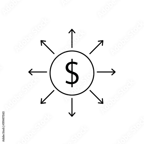 dollar sign icon inside circle with multiple arrows pointing outwards representing money distribution on white background, ideal for investment planning, cash flow and financial management