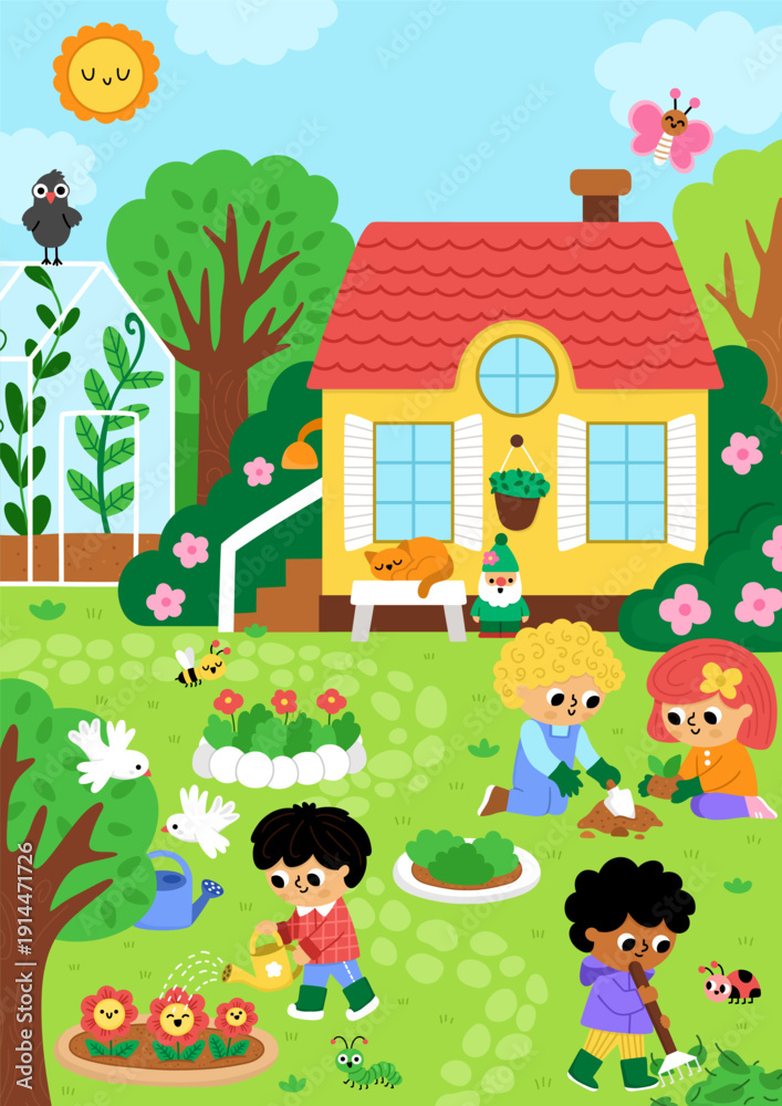 Fototapeta premium Vector garden landscape. Rural nature detailed scene with country house, greenhouse, children doing gardening works, planting tree. Cute spring vertical background or book cover for kids