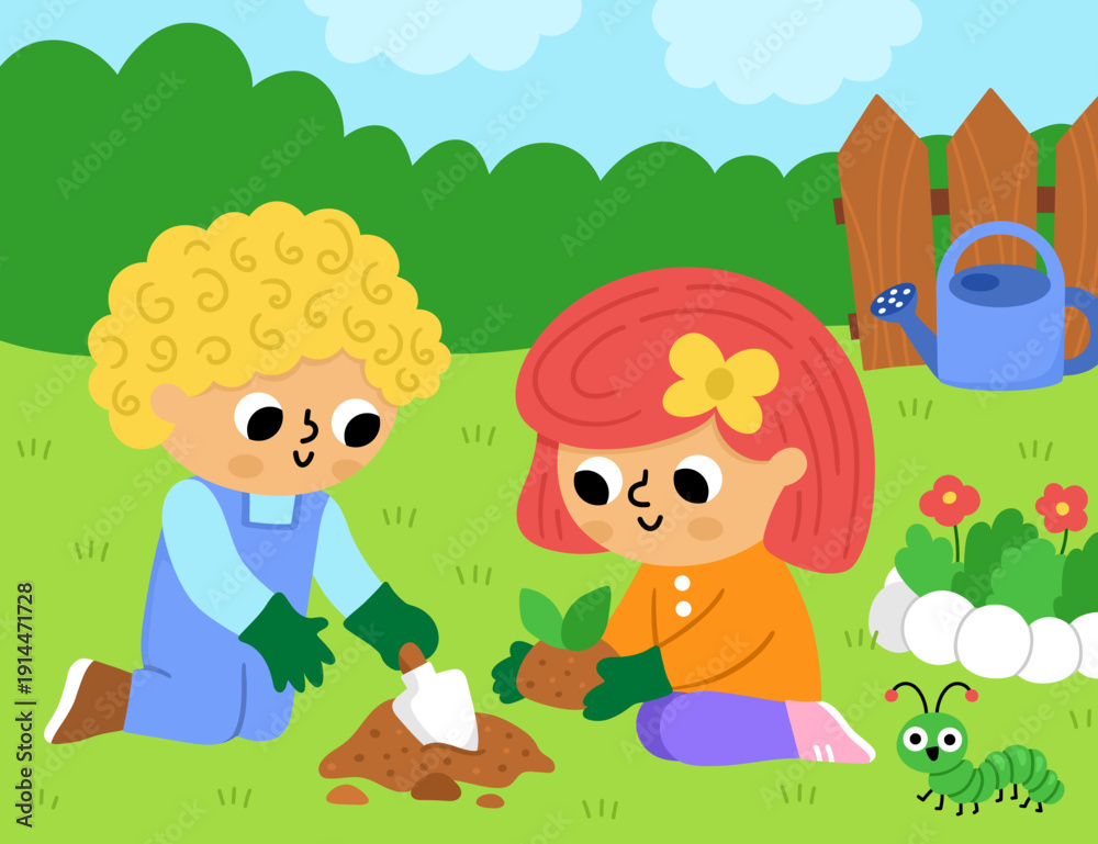 Fototapeta premium Spring garden horizontal scene with boy and girl planting a seed. Vector country house, farm landscape. Rural nature background illustration with kid doing gardening work, fence, watering can