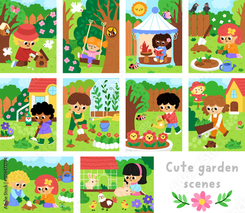 Spring garden landscapes set. Rural nature scenes collection with kids doing gardening works. Vector farm backgrounds. Cute sceneries, pack with children planting, watering plants, cleaning