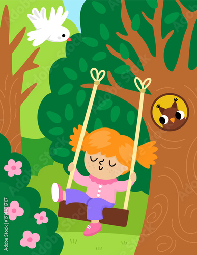 Spring garden vertical landscape. Rural nature scene with girl swinging on the tree with owl in hollow. Vector country house, farm background. Cute kid on holidays in the village illustration