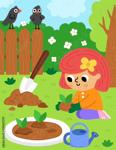 Spring garden vertical scene with girl planting a seed. Vector country house, farm landscape. Rural nature background illustration with kid doing gardening work, fence, watering can, crows