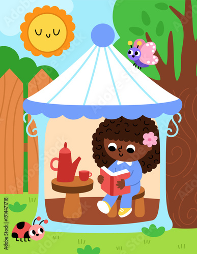 Spring garden vertical landscape. Rural nature scene with girl reading a book in gazebo. Vector country house, farm background. Cute kid drinking tea in pavilion on holidays in village illustration
