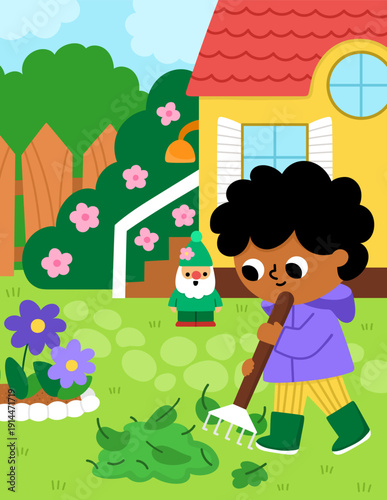 Spring garden vertical landscape. Rural nature scene with boy raking the fallen leaves. Vector country house, farm background illustration with kid doing gardening work, cleaning the yard