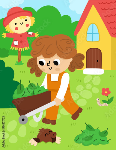 Spring garden vertical scene. Rural nature landscape with girl pushing wheelbarrow with leaves and foliage. Vector country house, farm background illustration with kid doing gardening work
