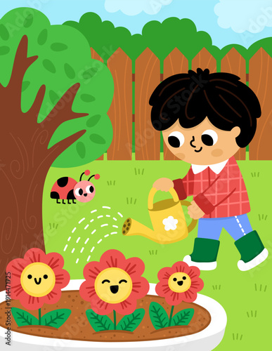 Spring garden vertical scene. Rural village landscape with boy watering the flowers on flowery meadow. Vector country house, farm background illustration with kid doing gardening work icon