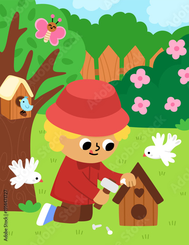 Spring garden vertical landscape. Rural nature scene with boy building a wooden birdhouse with hammer and nails. Vector farm background. Cute kid doing gardening work illustration