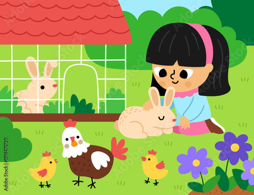 Spring garden horizontal scene with girl caressing rabbit. Vector country house, farm landscape. Rural nature background with cute kid and bunny, hen, domestic animals and birds. Child illustration