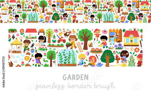 Vector spring garden horizontal seamless pattern brush with country house, greenhouse, children doing gardening works. Repeat border background with kids working in yard, planting tree, raking