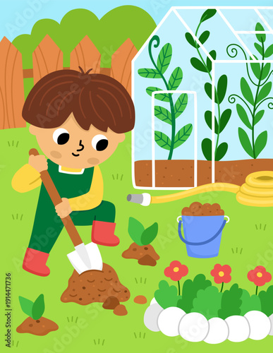 Spring garden vertical landscape. Rural nature scene with boy digging the ground with spade. Vector country house, farm background. Cute kid doing gardening work, planting tree illustration