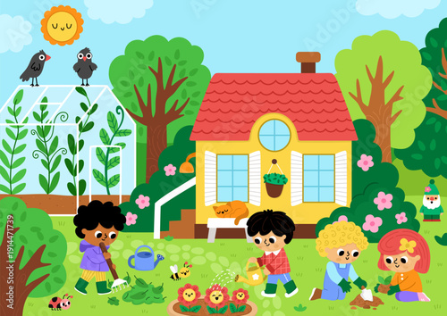 Vector garden landscape. Rural nature detailed scene with country house, greenhouse, children doing gardening works, planting tree. Cute spring horizontal background or book cover for kids