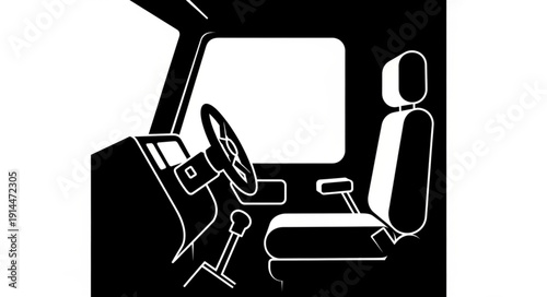 Simple black and white illustration of a car interior with a driver's seat and steering wheel.