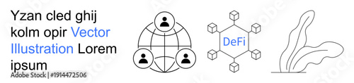 Blockchain, decentralized finance, networking, technology, cryptocurrency, digital economy. Minimalist icons of people network, blockchain nodes and organic shapes. Decentralized finance