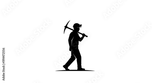 Silhouette of a miner with pickaxe and helmet in black and white