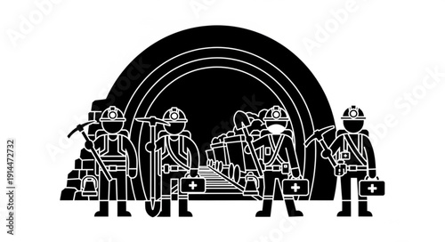 Miners working together in a coal mine tunnel.