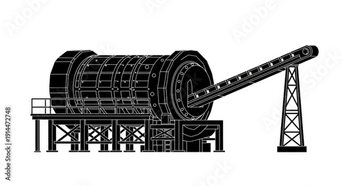 Industrial machinery with conveyor belt and cylindrical drum.