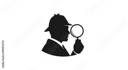 Silhouette of Man in Detective Hat with Magnifying Glass