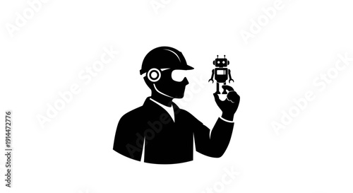 Businessman Holding Small Robot figurine in Black and White