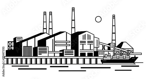 Industrial factory complex with docked cargo ship and smokestacks.