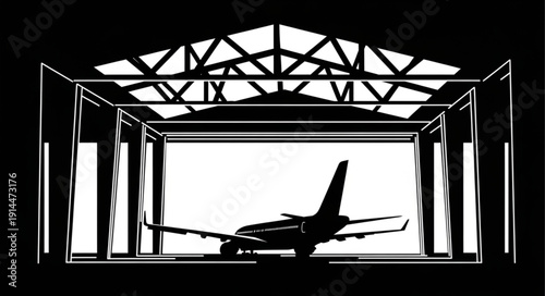 Airplane silhouette in a hangar with metal framework and open doors.