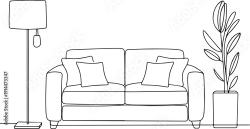 Minimal Living Room Line Art Vector Illustration Sofa, Floor Lamp and Potted Plant Outline Interior Design