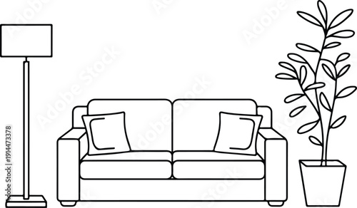 Minimal Living Room Line Art Vector Illustration Sofa, Floor Lamp and Potted Plant Outline Interior Design