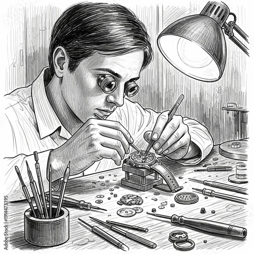 Watchmaker meticulously repairs timepiece with tools and magnifying glasses