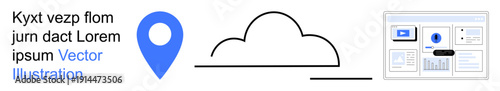 Navigation, data storage, user interface, cloud computing, business analytics, digital icons. Blue location pin, cloud and dashboard graphic. Navigation and data storage concept