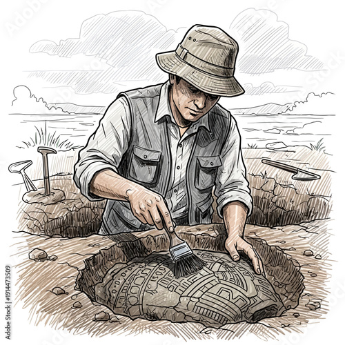 Archaeologist uncovering ancient artifact with brush