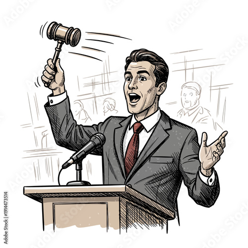 Auctioneer with gavel at podium, excited crowd in background