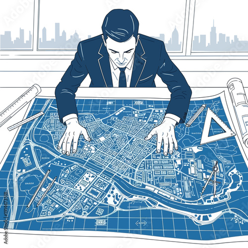 Architect reviewing city blueprint plan with tools and cityscape background