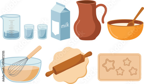 Flat Vector Baking Tools and Ingredients Set Measuring Cup, Milk Carton, Rolling Pin, Whisk, Mixing Bowl, Cookie Cutters Illustration