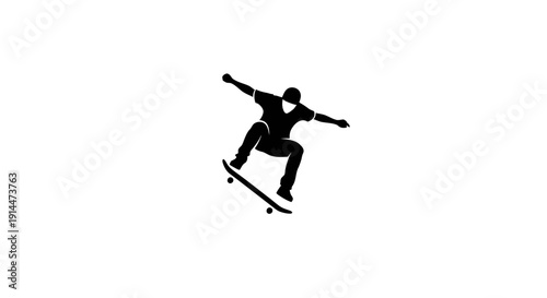 Dynamic skateboarder mid-air stunt on a plain white background