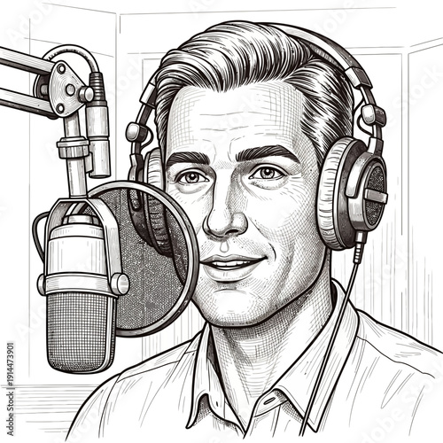 Man with Headphones and Microphone Recording in Studio