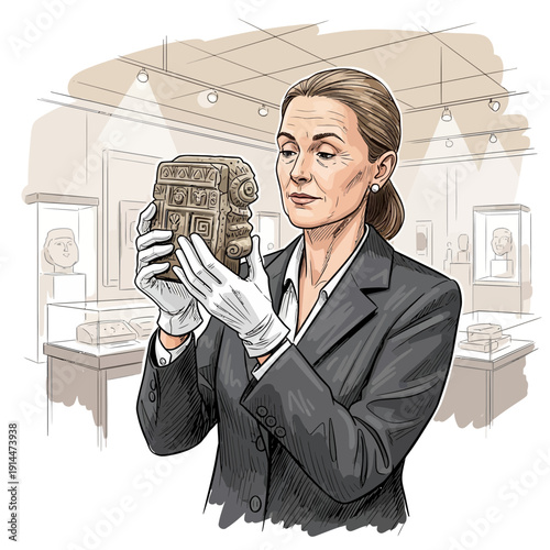 Museum curator examining an ancient artifact with gloved hands