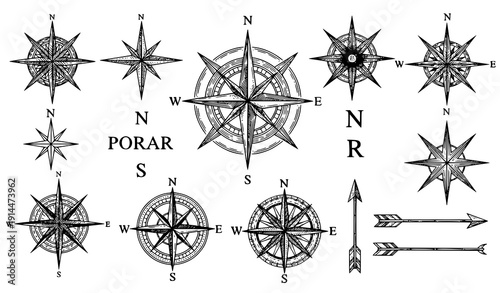 Vintage Nautical Compass Rose and Polar Star Navigation Icon Set Line Art Vector on White