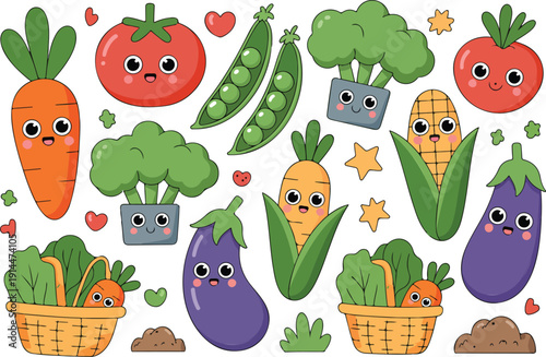 Cute Smiling Vegetable Character Vector Set with Carrot, Tomato, Broccoli, Eggplant and Corn Cartoon Illustrations