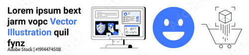 Data security, user satisfaction, e-commerce, technology, online safety, digital interaction. A monitor with cybersecurity visuals, a happy face and a shopping cart with 3D elements. Data security
