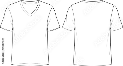 V neck t shirt outline template, front and back view vector mockup, blank apparel design, clothing illustration, fashion graphic