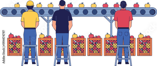 Factory Production Line with Workers Sorting Packaged Food Boxes Industrial Assembly Process Teamwork Manufacturing Workflow Flat Vector Illustration