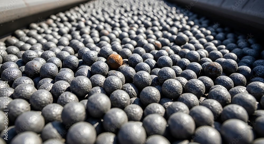 Obraz premium Numerous dark grey industrial pellets lie together with one brown standout. Mining macro